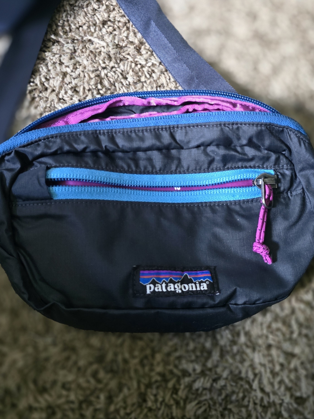 Patagonia Black Crossbody Bag with Blue & Pink Accents